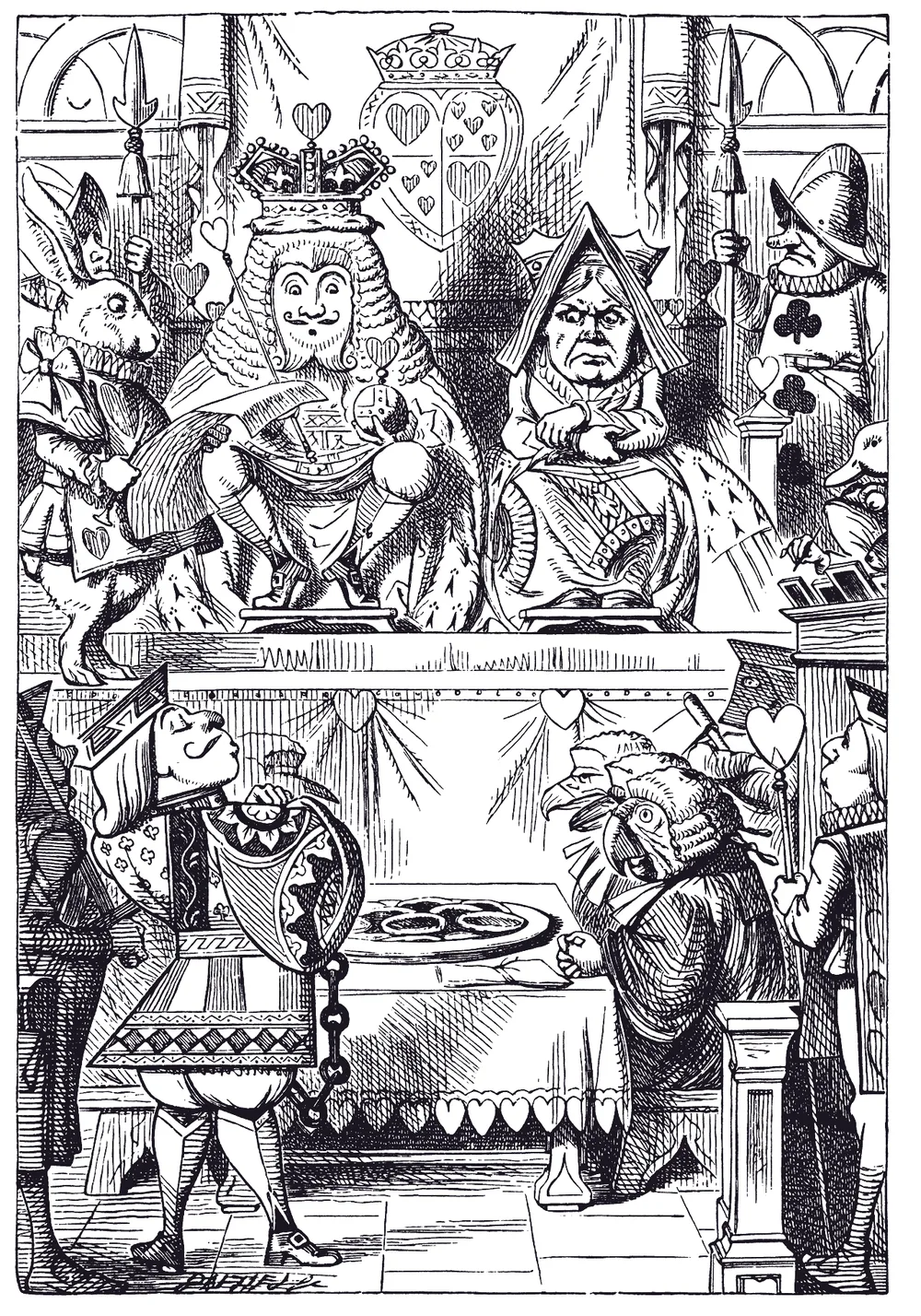 El Rey y la Reina de Corazones, en el trono del tribunal. Ilustración de John Tenniel.