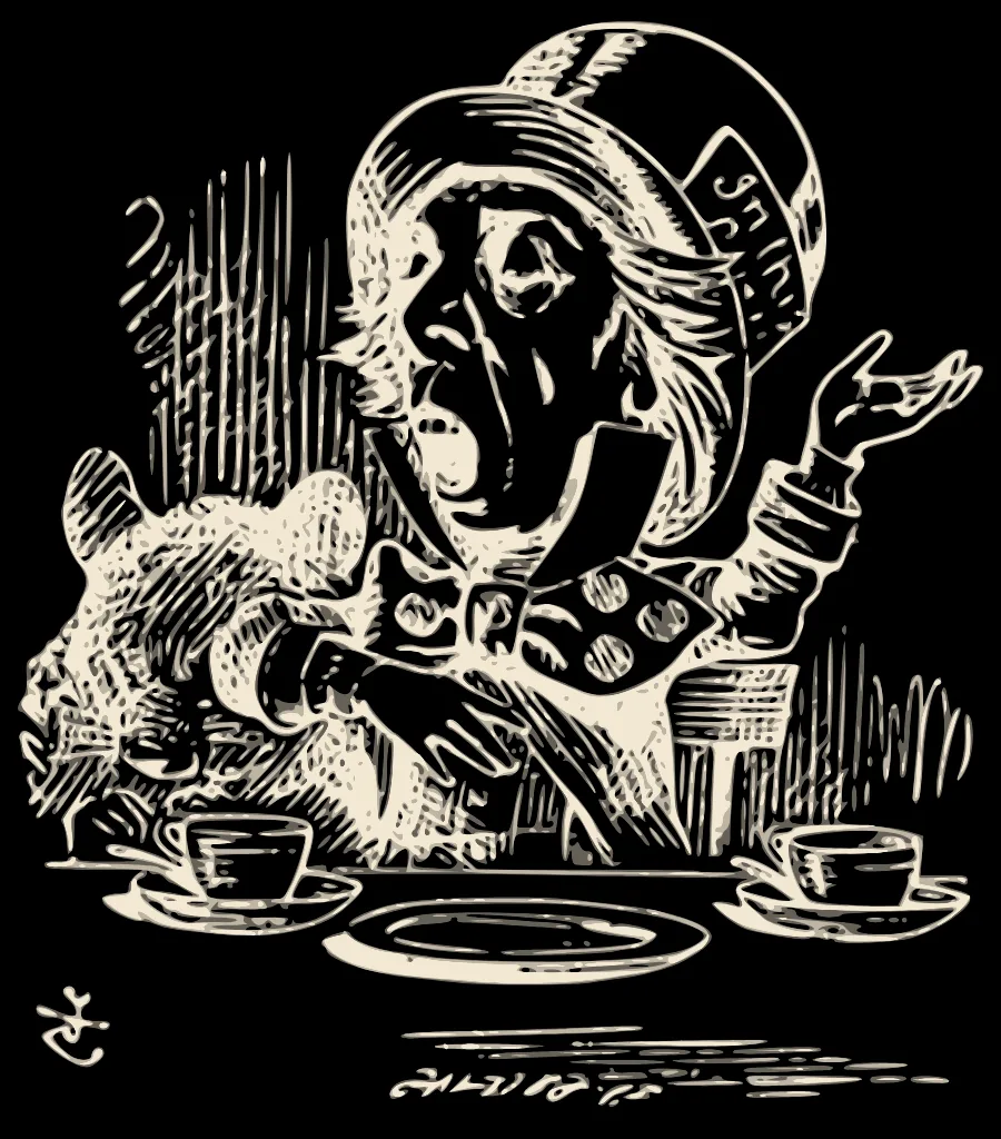 El Sombrerero, en la merienda de locos. Ilustración de John Tenniel.