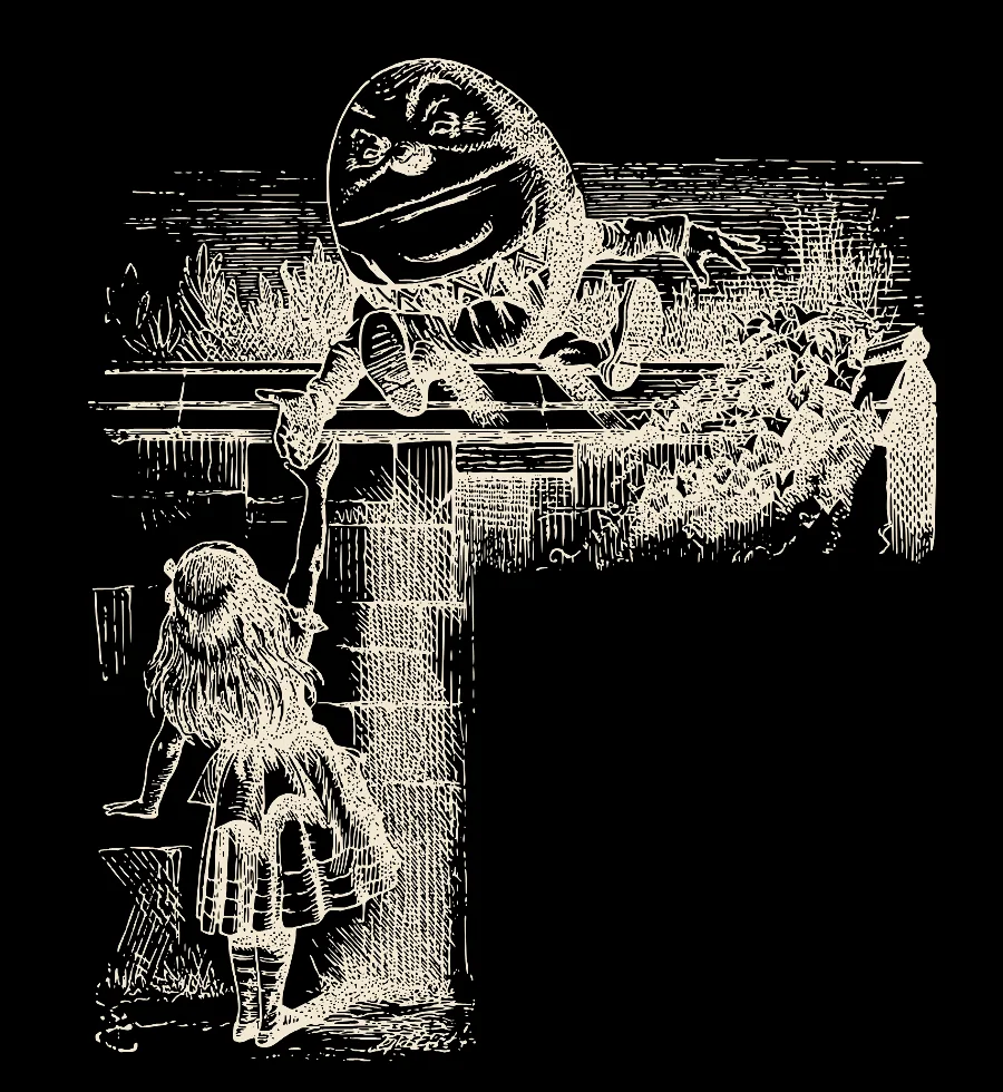 Humpty Dumpty, en lo alto del muro. Ilustración de John Tenniel.