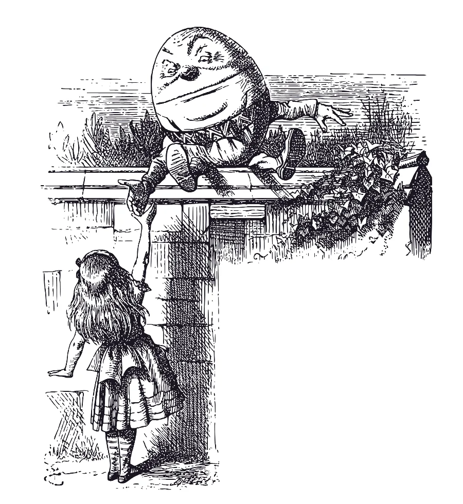 Humpty Dumpty, en lo alto del muro. Ilustración de John Tenniel.