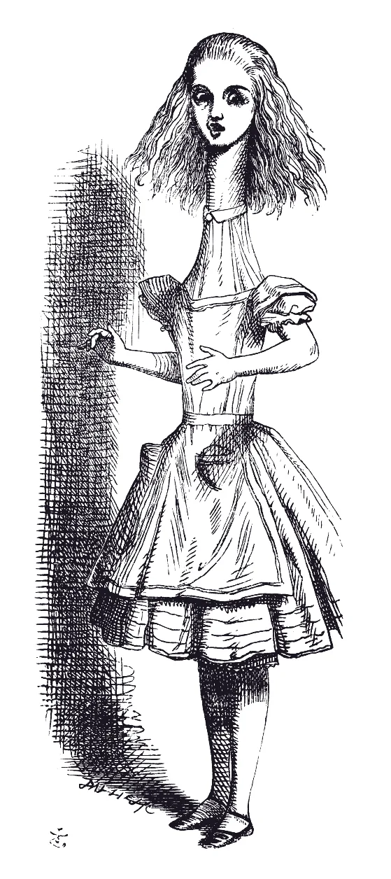 Alicia, estirada como un catalejo, se mira los pies. Ilustración de John Tenniel.