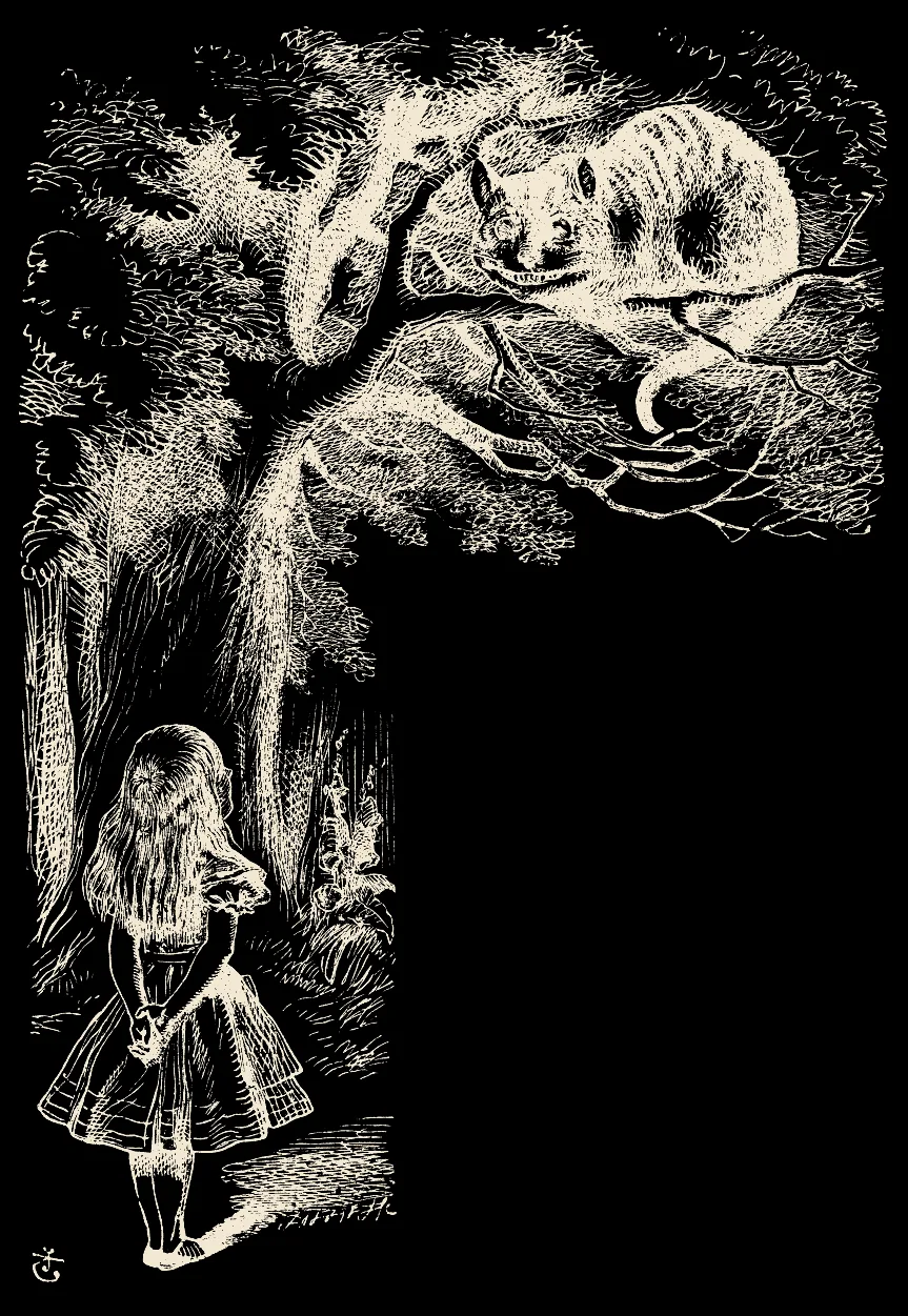 El gato de Cheshire, en la rama. Ilustración de John Tenniel.