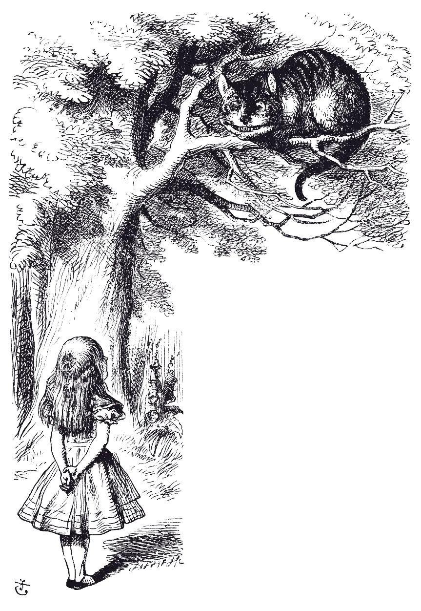 El gato de Cheshire, en la rama. Ilustración de John Tenniel.