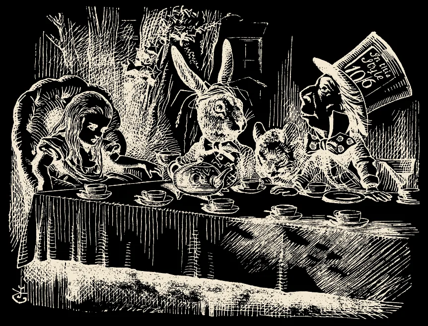 La merienda de locos: Alicia, la Liebre de Marzo, el Lirón y el Sombrerero. Ilustración de John Tenniel.
