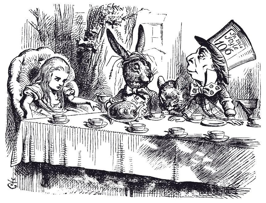 La merienda de locos: Alicia, la Liebre de Marzo, el Lirón y el Sombrerero. Ilustración de John Tenniel.