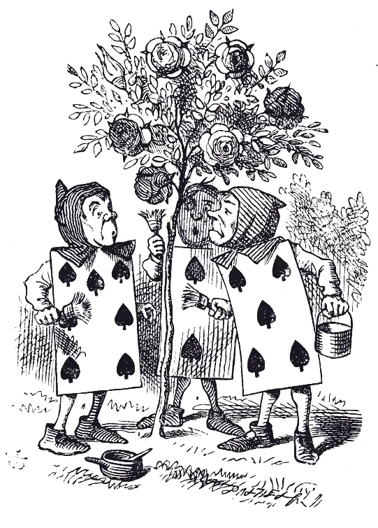 Los jardineros naipes pintan de rojo las rosas. Ilustración de John Tenniel.