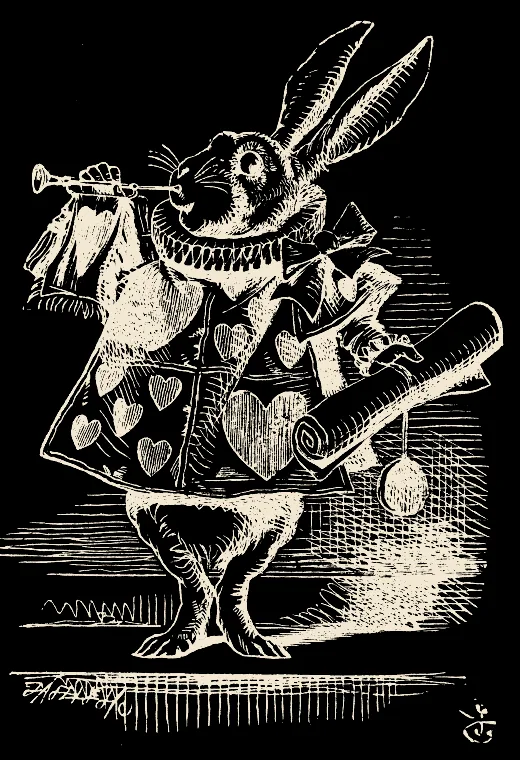 El Conejo Blanco, heraldo del tribunal. Ilustración de John Tenniel.