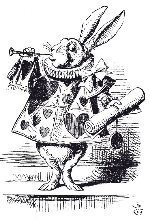 El Conejo Blanco, heraldo del tribunal. Ilustración de John Tenniel.