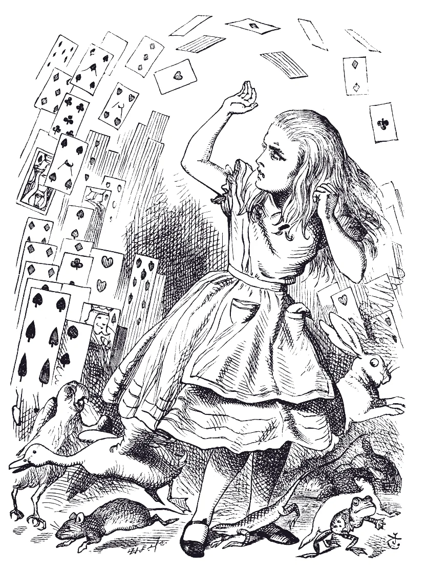 La baraja entera se echa encima de Alicia. Ilustración de John Tenniel.